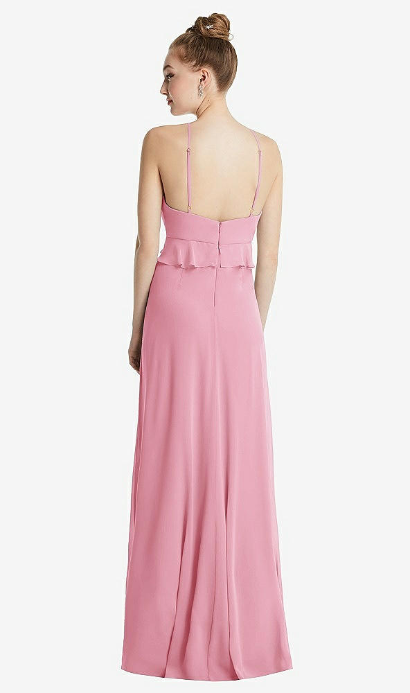Back View - Peony Pink Bias Ruffle Empire Waist Halter Maxi Dress with Adjustable Straps