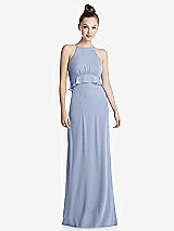 Front View Thumbnail - Sky Blue Bias Ruffle Empire Waist Halter Maxi Dress with Adjustable Straps