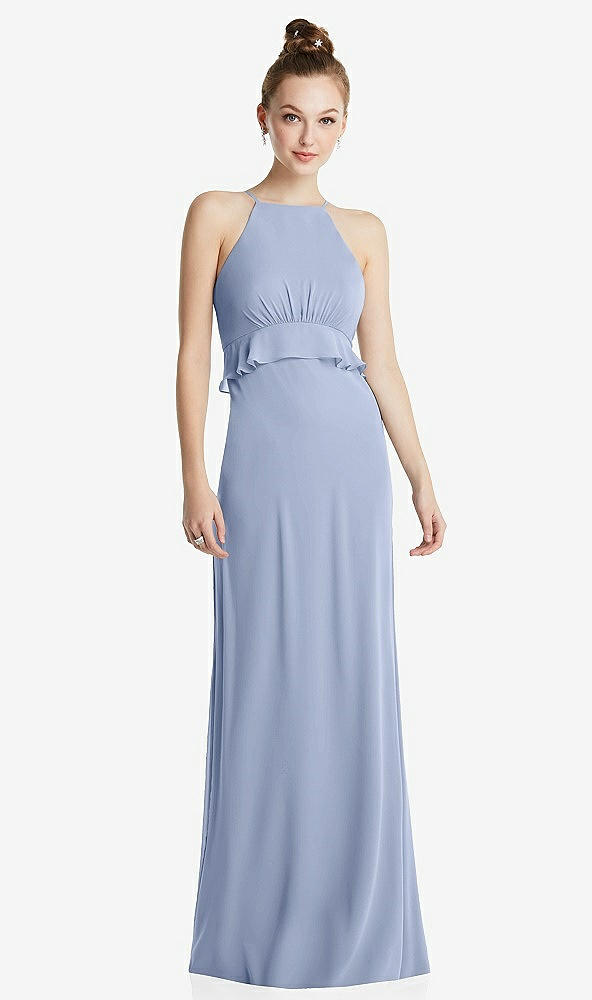 Front View - Sky Blue Bias Ruffle Empire Waist Halter Maxi Dress with Adjustable Straps