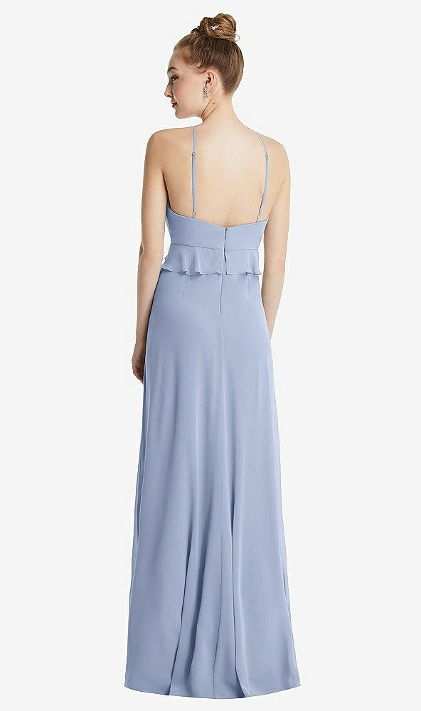 Back View - Sky Blue Bias Ruffle Empire Waist Halter Maxi Dress with Adjustable Straps