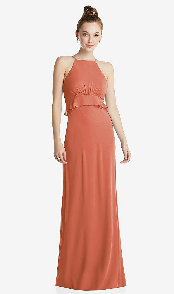 Front View - Terracotta Copper Bias Ruffle Empire Waist Halter Maxi Dress with Adjustable Straps