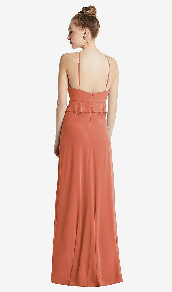 Back View - Terracotta Copper Bias Ruffle Empire Waist Halter Maxi Dress with Adjustable Straps