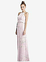 Side View Thumbnail - Watercolor Print Bias Ruffle Empire Waist Halter Maxi Dress with Adjustable Straps