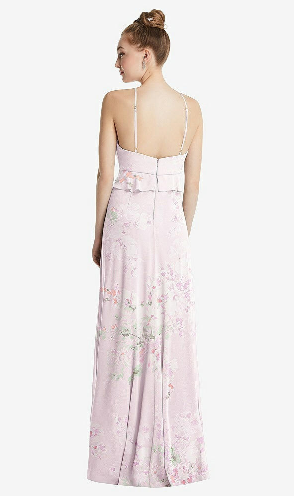 Back View - Watercolor Print Bias Ruffle Empire Waist Halter Maxi Dress with Adjustable Straps
