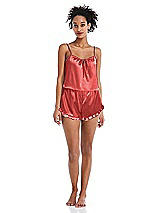 Front View Thumbnail - Perfect Coral Satin Ruffle-Trimmed Lounge Shorts with Pockets - Cali