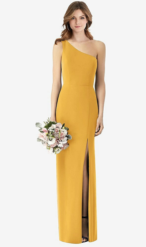 Front View - NYC Yellow One-Shoulder Crepe Trumpet Gown with Front Slit