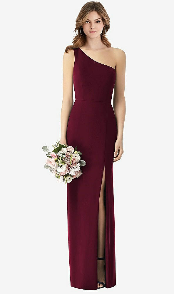 Front View - Cabernet One-Shoulder Crepe Trumpet Gown with Front Slit