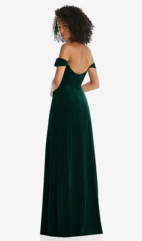 Back View - Evergreen Off-the-Shoulder Flounce Sleeve Velvet Maxi Dress