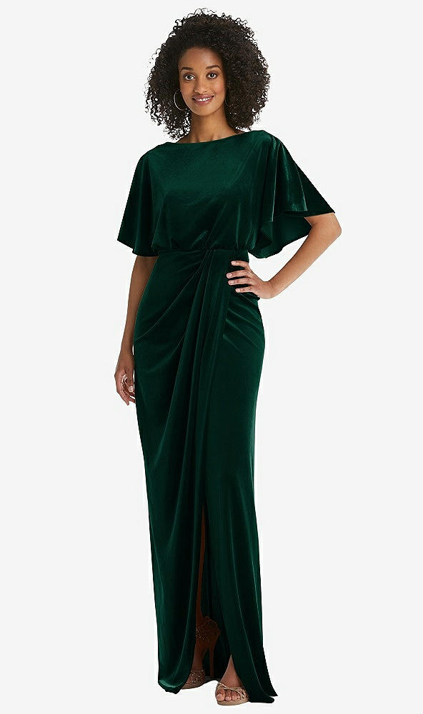 Front View - Evergreen Flutter Sleeve Open-Back Velvet Maxi Dress with Draped Wrap Skirt