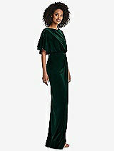 Side View Thumbnail - Evergreen Flutter Sleeve Open-Back Velvet Maxi Dress with Draped Wrap Skirt