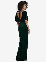 Rear View Thumbnail - Evergreen Flutter Sleeve Open-Back Velvet Maxi Dress with Draped Wrap Skirt