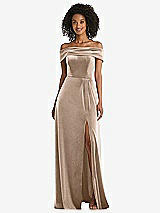 Front View Thumbnail - Topaz Draped Cuff Off-the-Shoulder Velvet Maxi Dress with Pockets