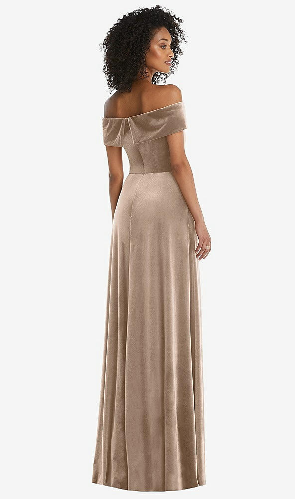 Back View - Topaz Draped Cuff Off-the-Shoulder Velvet Maxi Dress with Pockets