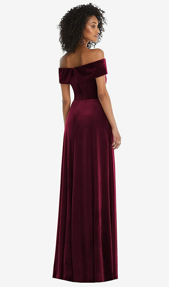 Back View - Cabernet Draped Cuff Off-the-Shoulder Velvet Maxi Dress with Pockets