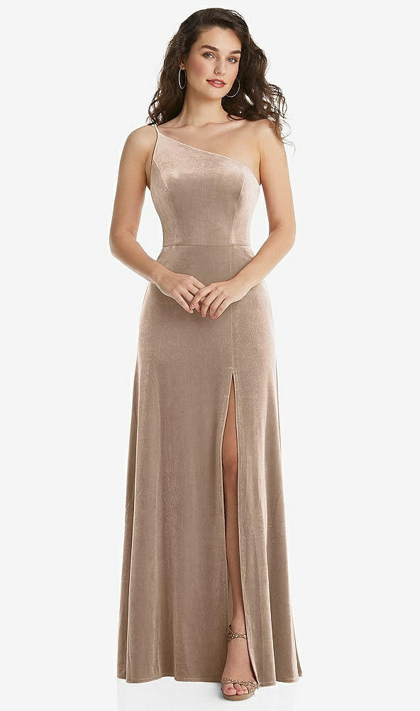 Front View - Topaz One-Shoulder Spaghetti Strap Velvet Maxi Dress with Pockets