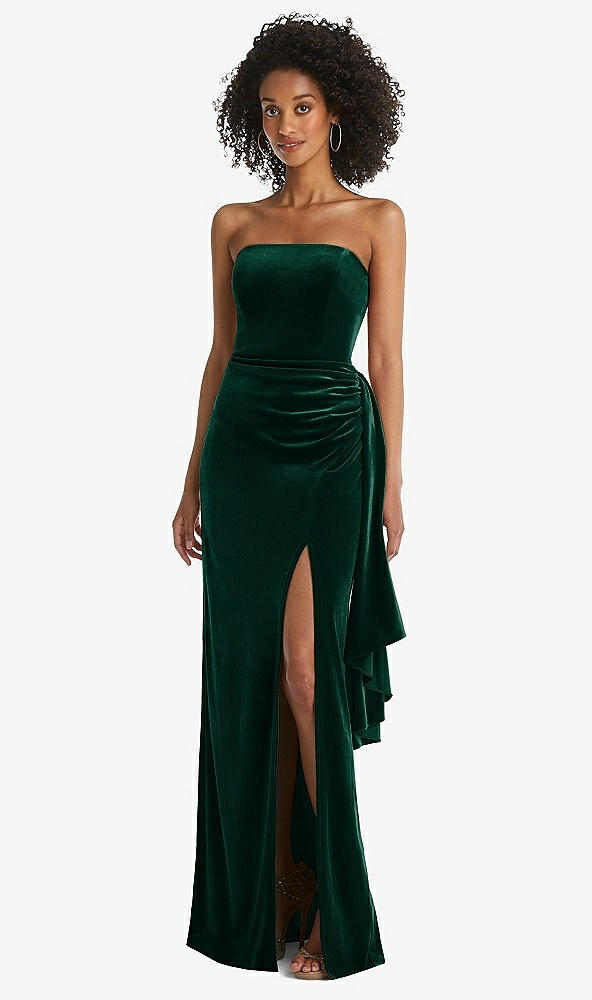 Front View - Evergreen Strapless Velvet Maxi Dress with Draped Cascade Skirt