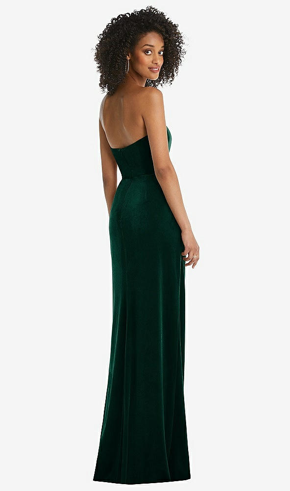 Back View - Evergreen Strapless Velvet Maxi Dress with Draped Cascade Skirt