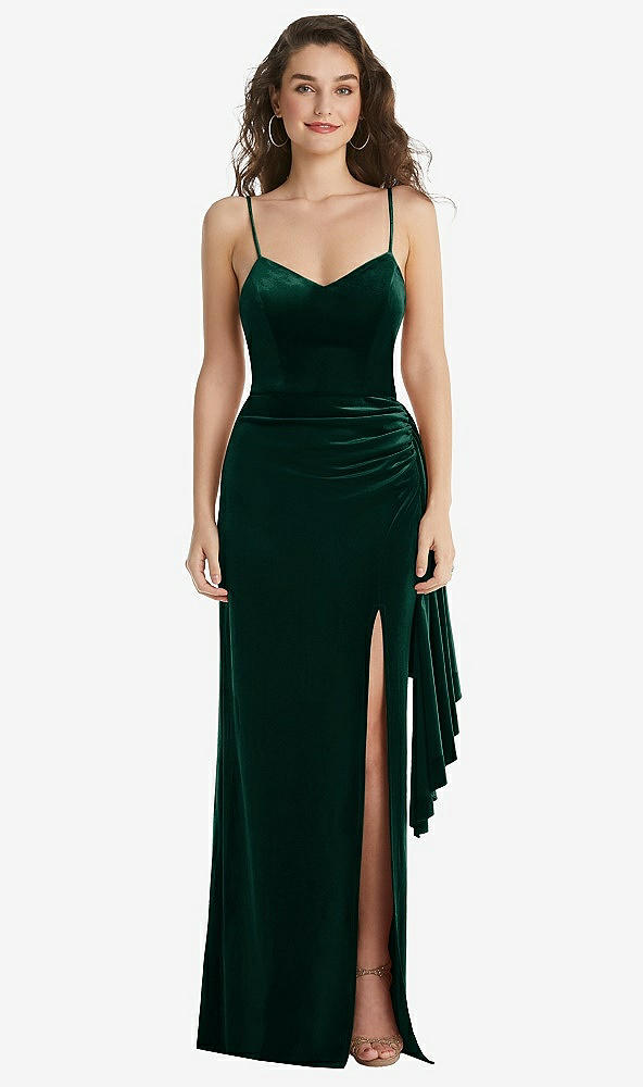 Front View - Evergreen Spaghetti Strap Velvet Maxi Dress with Draped Cascade Skirt