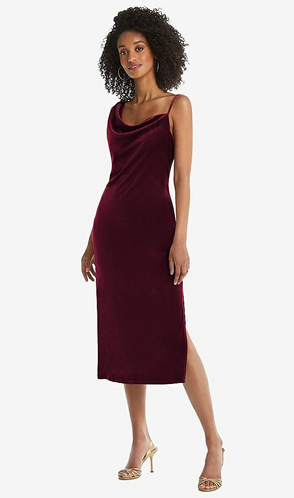 Front View - Cabernet Asymmetrical One-Shoulder Velvet Midi Slip Dress