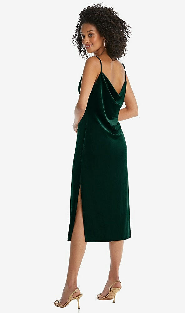 Back View - Evergreen Asymmetrical One-Shoulder Velvet Midi Slip Dress