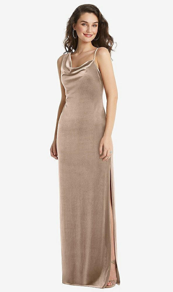 Front View - Topaz Asymmetrical One-Shoulder Velvet Maxi Slip Dress