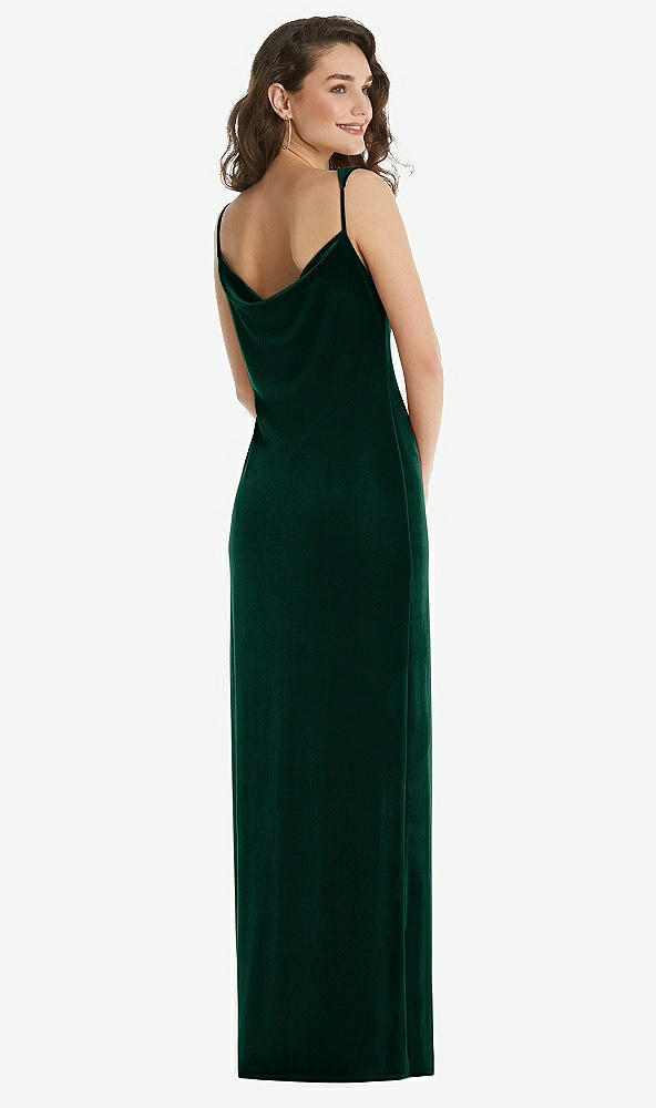 Back View - Evergreen Asymmetrical One-Shoulder Velvet Maxi Slip Dress
