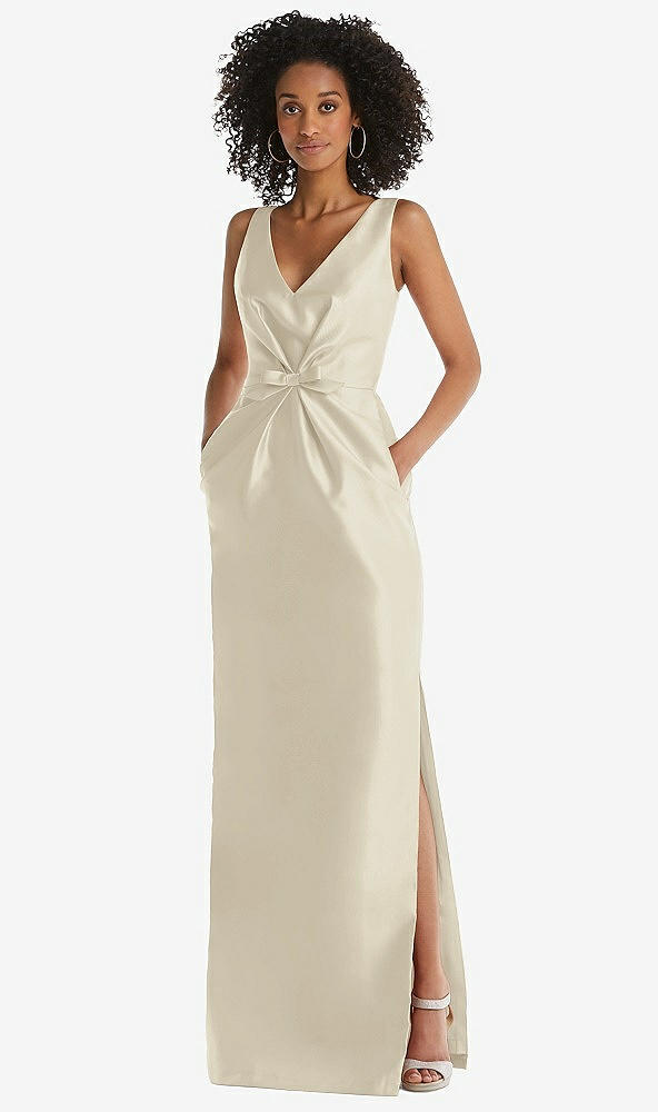 Front View - Champagne Pleated Bodice Satin Maxi Pencil Dress with Bow Detail