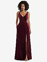 Front View Thumbnail - Cabernet Velvet Maxi Dress with Shirred Bodice and Front Slit