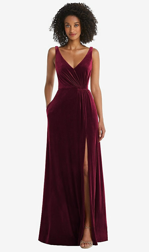 Front View - Cabernet Velvet Maxi Dress with Shirred Bodice and Front Slit