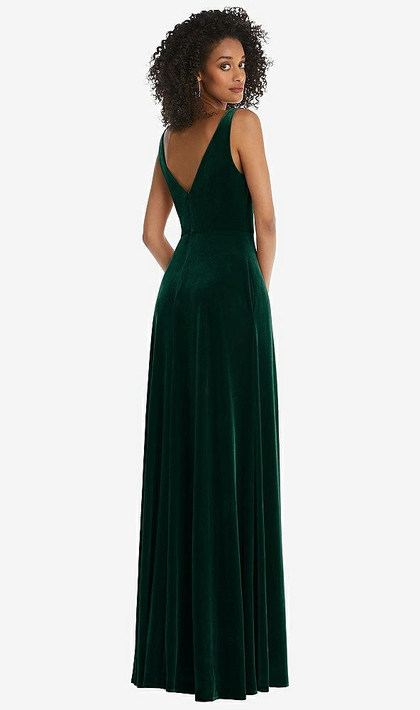 Back View - Evergreen Velvet Maxi Dress with Shirred Bodice and Front Slit