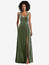 Front View Thumbnail - Sage Velvet Maxi Dress with Shirred Bodice and Front Slit