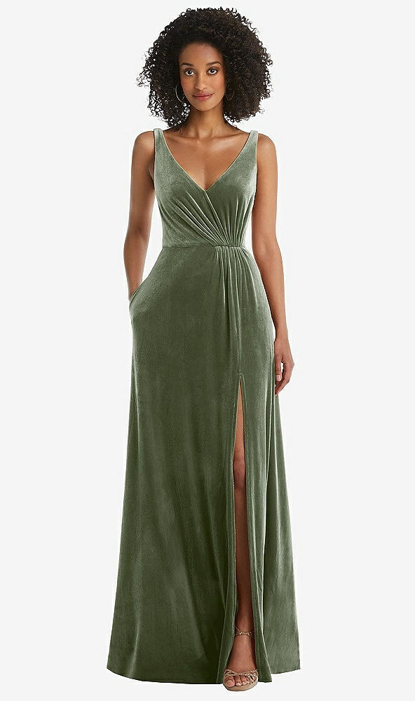 Front View - Sage Velvet Maxi Dress with Shirred Bodice and Front Slit