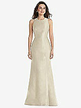 Front View Thumbnail - Champagne Jewel Neck Bowed Open-Back Trumpet Dress 