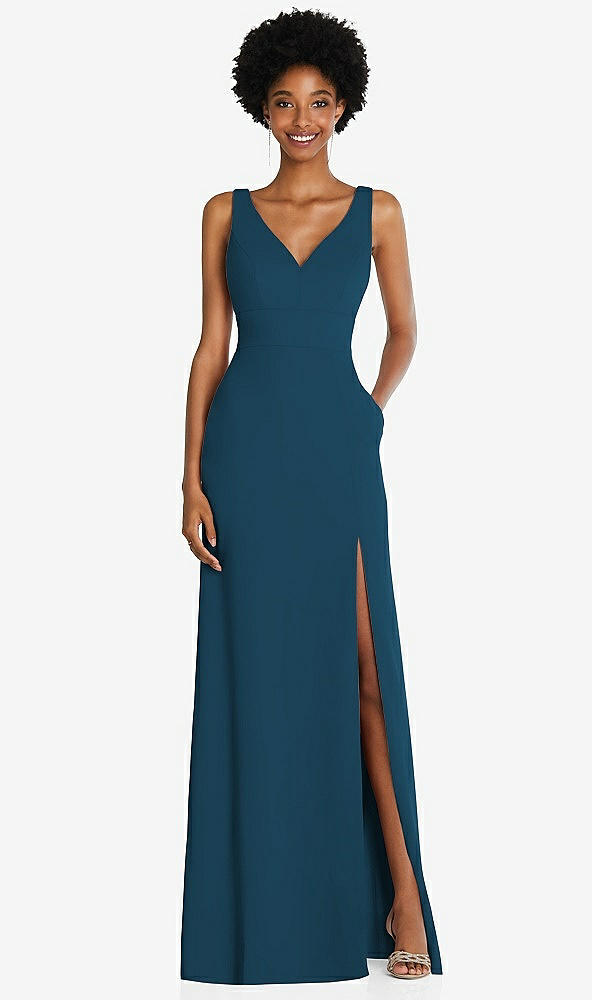 Front View - Atlantic Blue Square Low-Back A-Line Dress with Front Slit and Pockets