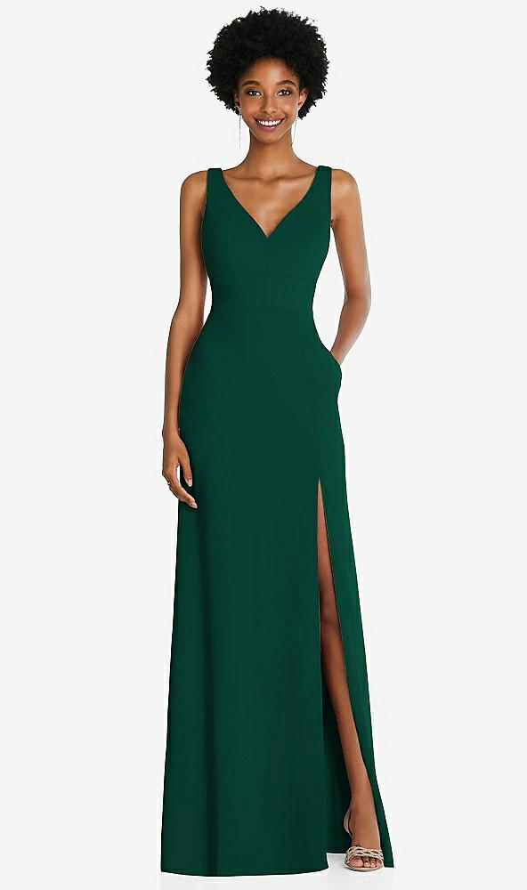 Front View - Hunter Green Square Low-Back A-Line Dress with Front Slit and Pockets