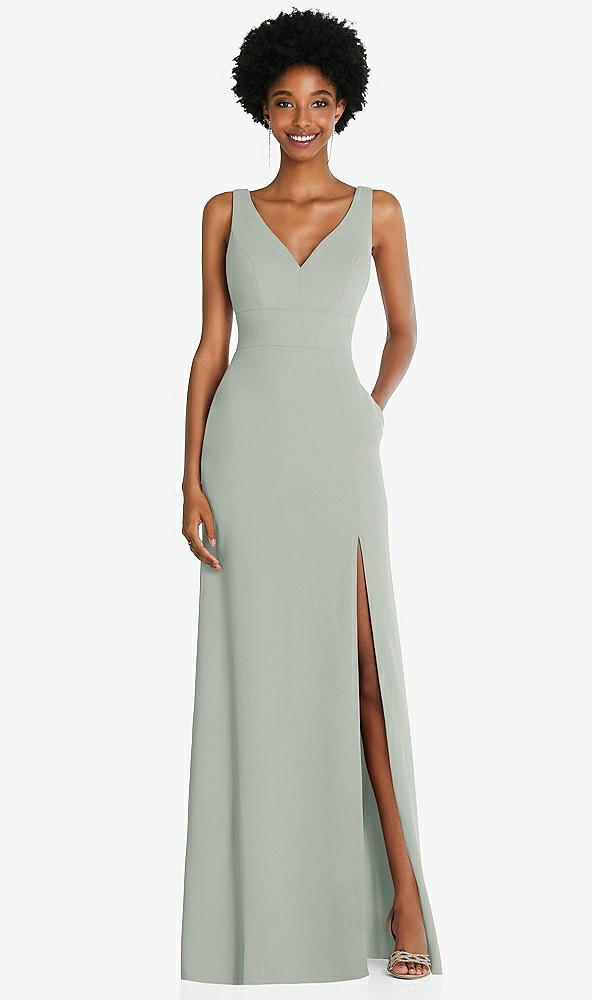 Front View - Willow Green Square Low-Back A-Line Dress with Front Slit and Pockets
