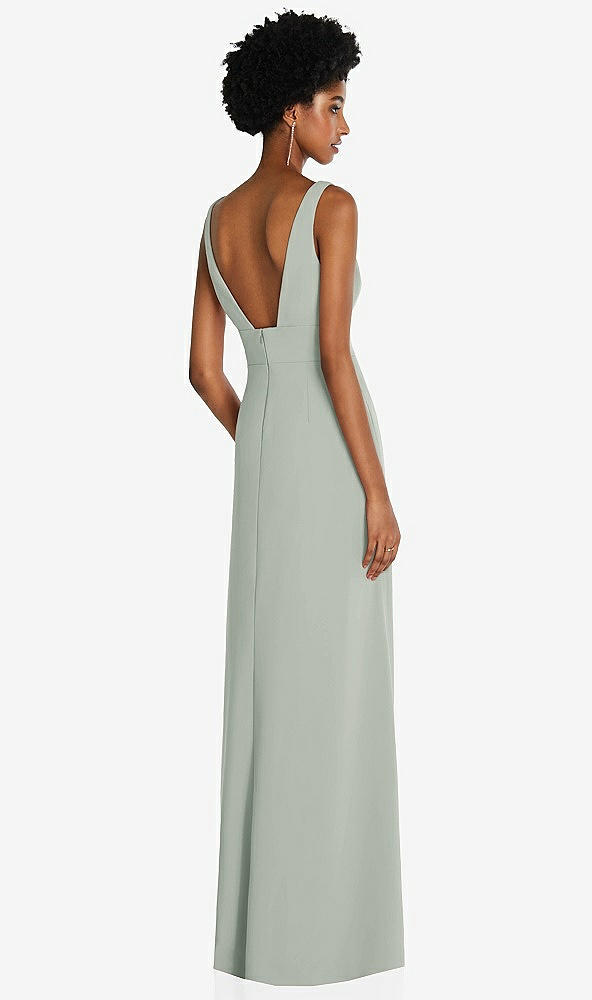 Back View - Willow Green Square Low-Back A-Line Dress with Front Slit and Pockets