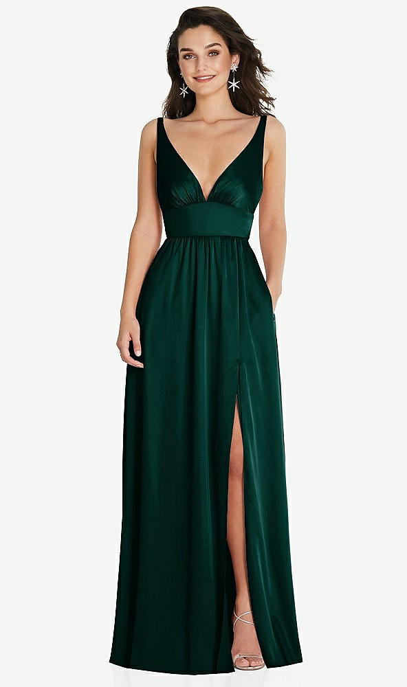Front View - Evergreen Deep V-Neck Shirred Skirt Maxi Dress with Convertible Straps