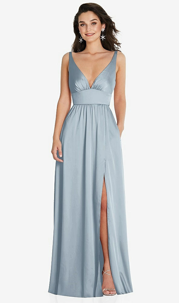 Front View - Mist Deep V-Neck Shirred Skirt Maxi Dress with Convertible Straps