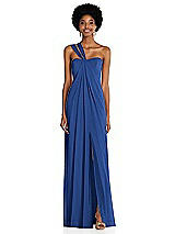 Alt View 1 Thumbnail - Classic Blue Draped Chiffon Grecian Column Gown with Convertible Straps