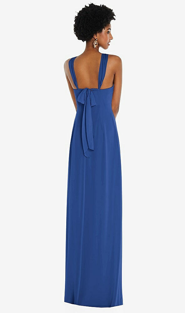 Back View - Classic Blue Draped Chiffon Grecian Column Gown with Convertible Straps