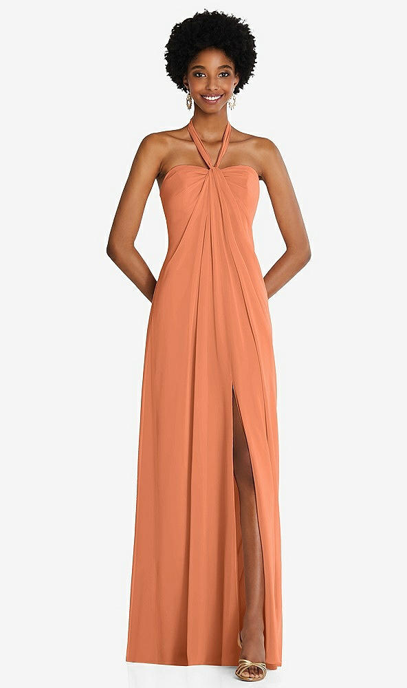 Front View - Sweet Melon Draped Chiffon Grecian Column Gown with Convertible Straps