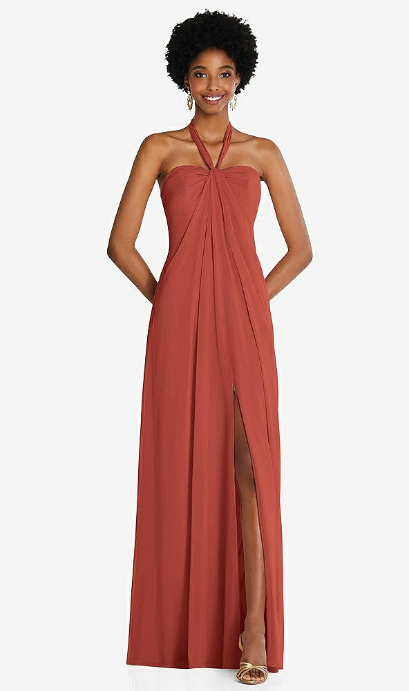 Front View - Amber Sunset Draped Chiffon Grecian Column Gown with Convertible Straps