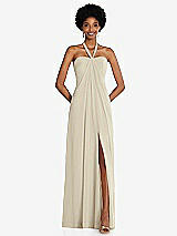 Front View Thumbnail - Champagne Draped Chiffon Grecian Column Gown with Convertible Straps