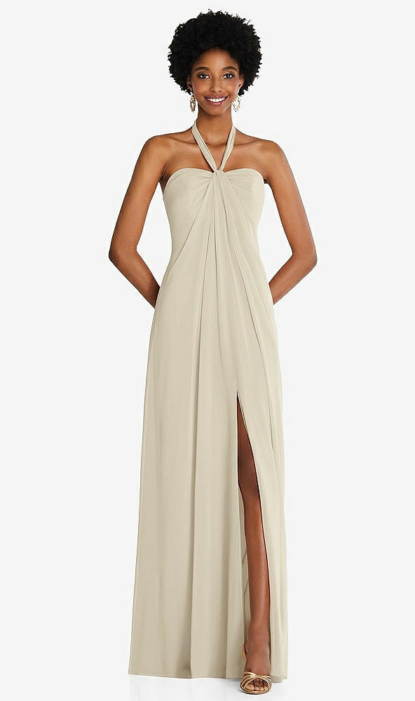 Front View - Champagne Draped Chiffon Grecian Column Gown with Convertible Straps