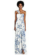 Alt View 1 Thumbnail - Cottage Rose Dusk Blue Draped Chiffon Grecian Column Gown with Convertible Straps