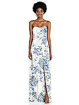 Alt View 3 Thumbnail - Cottage Rose Dusk Blue Draped Chiffon Grecian Column Gown with Convertible Straps