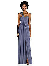 Alt View 1 Thumbnail - French Blue Draped Chiffon Grecian Column Gown with Convertible Straps