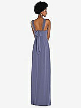 Rear View Thumbnail - French Blue Draped Chiffon Grecian Column Gown with Convertible Straps