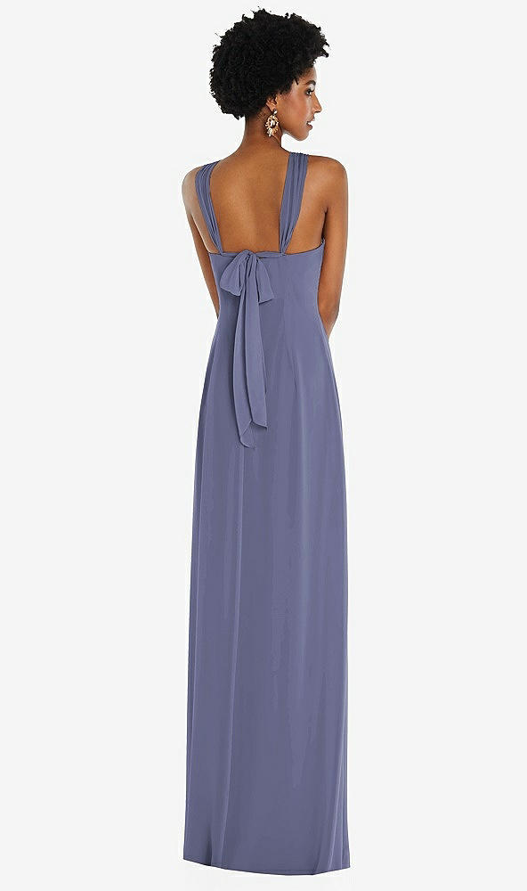 Back View - French Blue Draped Chiffon Grecian Column Gown with Convertible Straps
